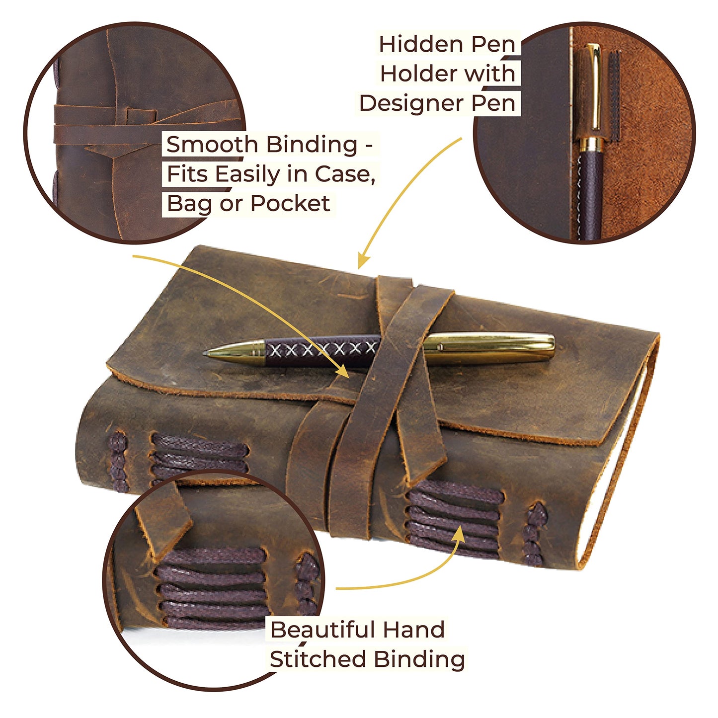 Leather diary notebook journal gift set with antique leather bookmark + pen, handcrafted writing 18x13cm unlined leather bound daily notepad for men & women travel journal