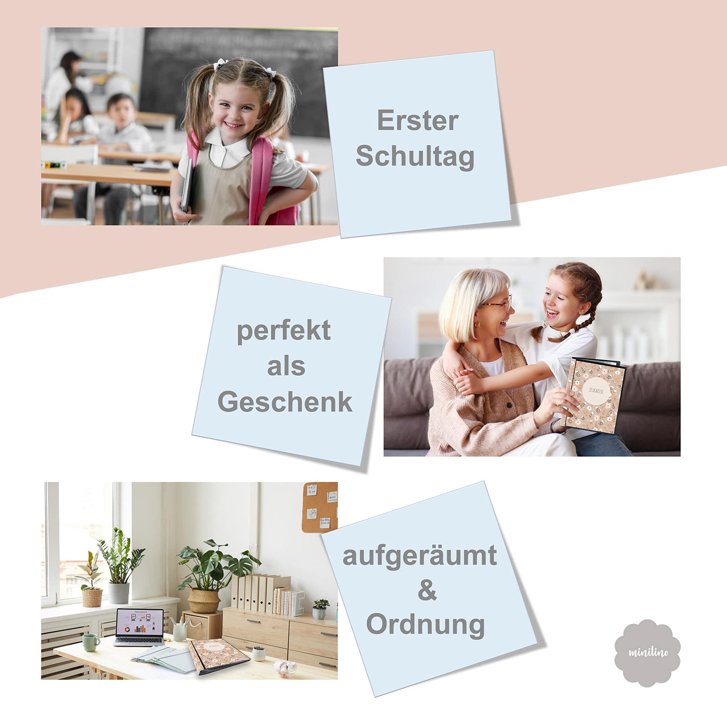 Minilino report folder with 20 premium transparent sleeves A4 size. Protect and store certificates/documents from elementary school. Folder designed for girls (pink flower meadow).