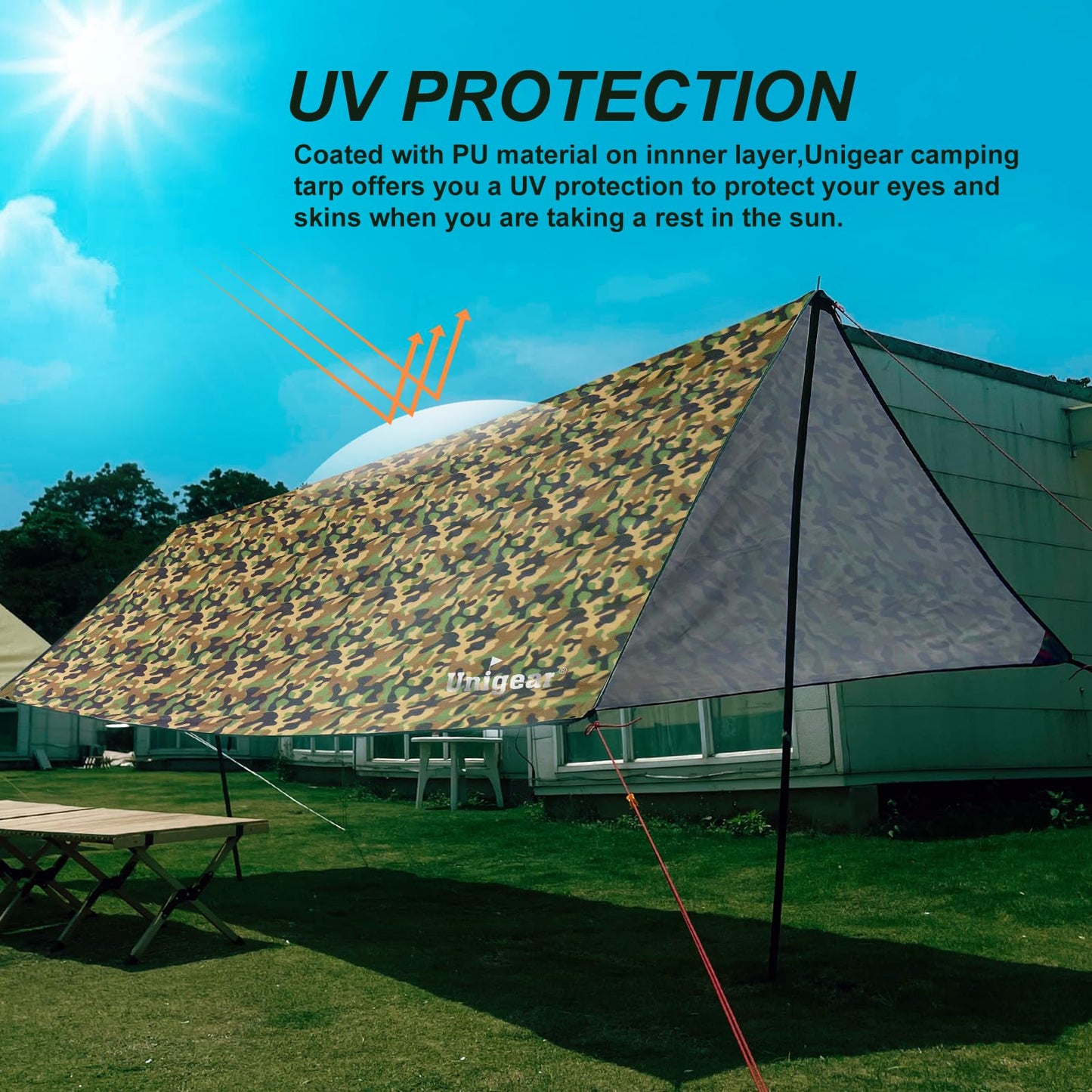 Unigear Tarp Rain Fly, waterproof tent tarp, lightweight, foldable, ideal for camping and protection against rain, snow, and sun.