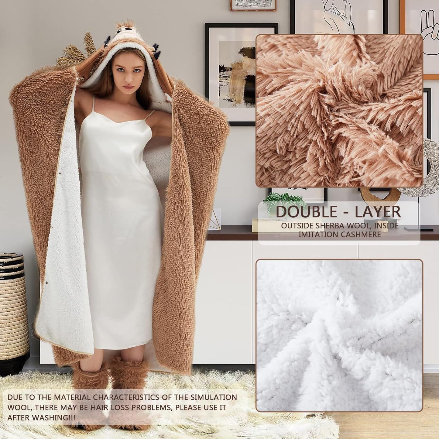 Sloth blanket with sleeves and hut slippers - Sloth gift for women | Sherpa fleece cuddle blanket with sleeves, Portable blanket to wear as Christmas birthday gift for women ladies