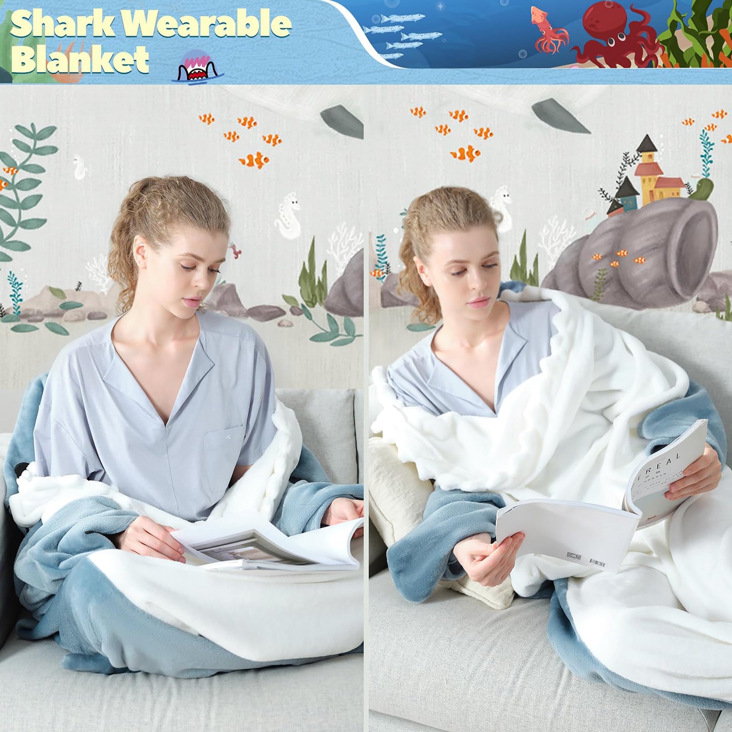 QUSLLIS Shark Blanket - Shark Blanket - made of super soft, cozy flannel with hood, shark tail, blanket hoodie, sleeping bag, portable blanket for adults and children - XL