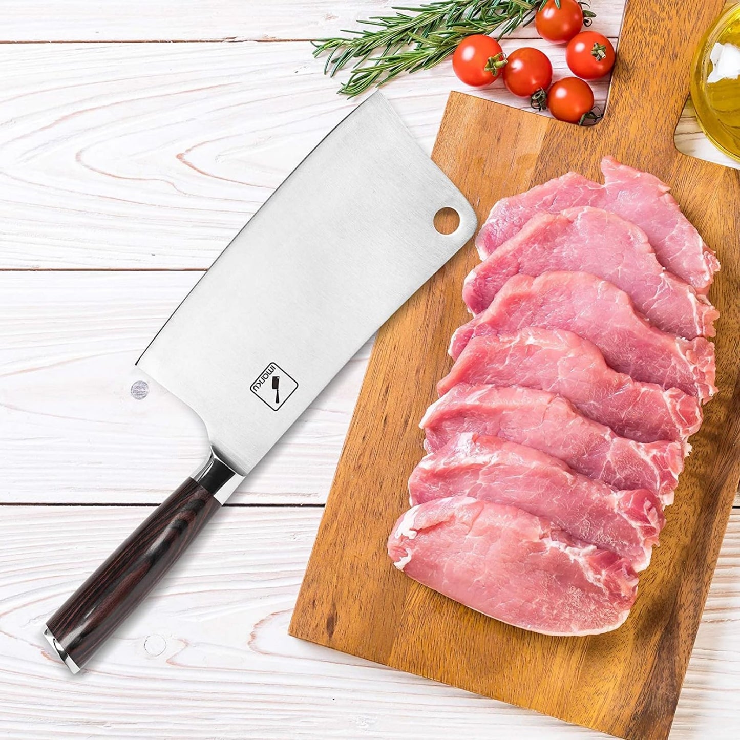 imarku 7" Cleaver Knife, with a 7-inch blade length. Sharp Chinese chef's knife made of high-quality stainless steel. Ideal for chopping bones with an ergonomic Pakkawood handle.