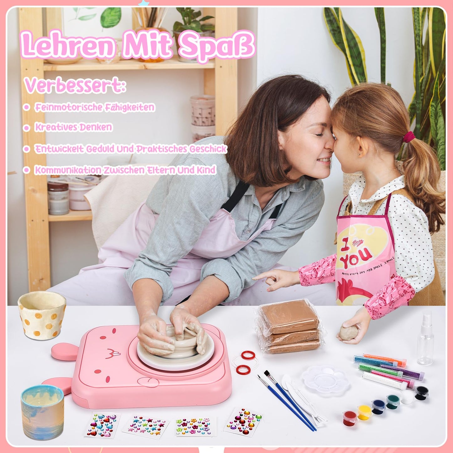 IEEILULU Pottery Set for Kids, Electric Pottery Wheel for Kids, Mini Pottery Wheel with Clay, Colors, Diamond Stickers, Pottery Set DIY Pottery Craft Kit Gifts Girls (Cats)