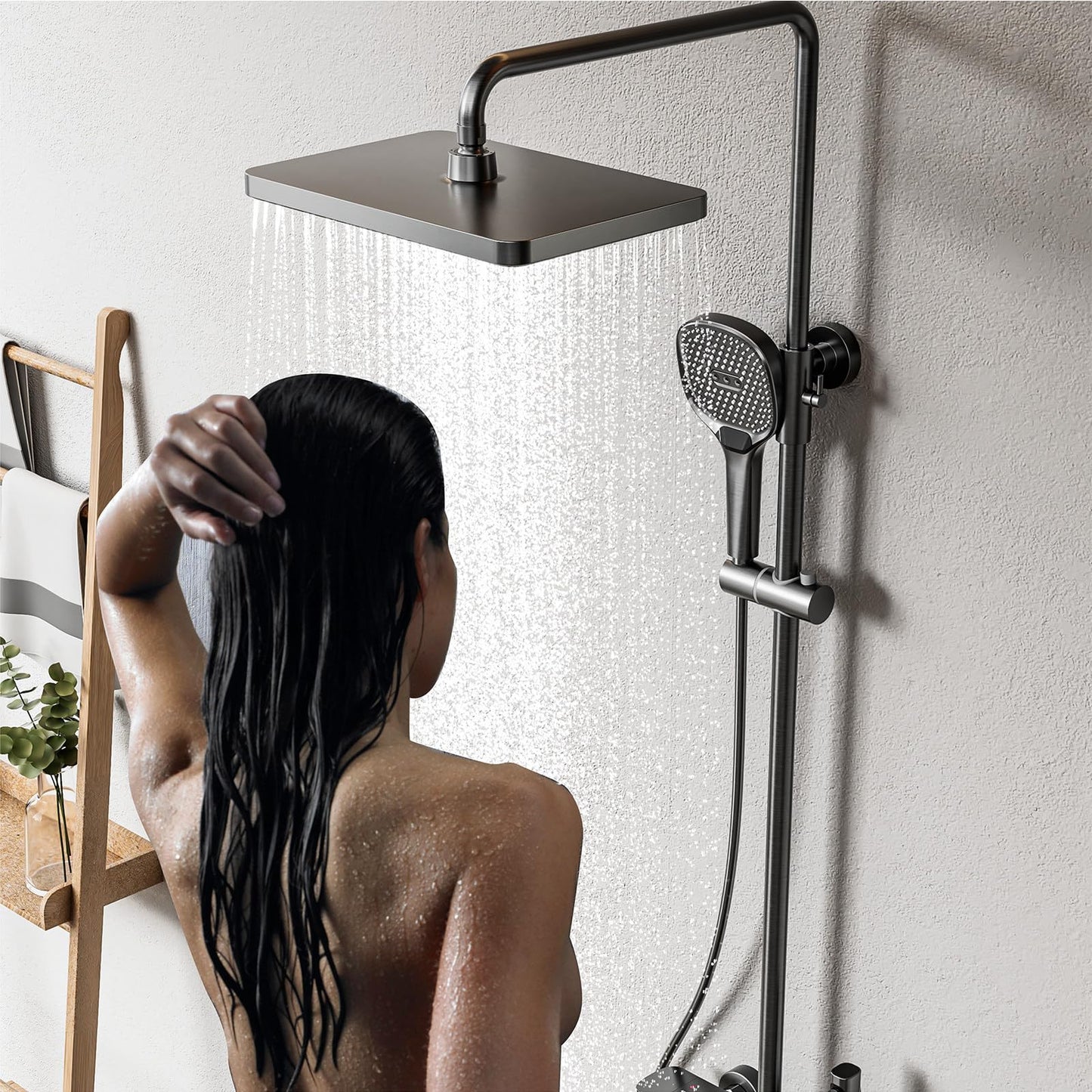 QREZAA Shower System with Thermostat, Featuring 32 X 22cm Rain Shower Hand Shower Bidet Sprayer Bathtub Faucet, Adjustable Shower Column, Wall Mount Shower Set, Thermostat Brass Valve (Gray)