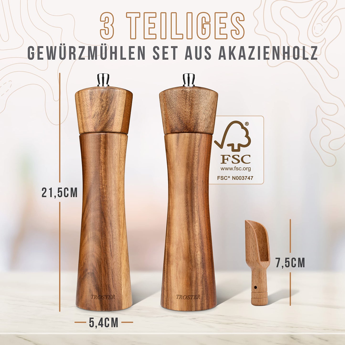 Troster® Spice Mill Set Wood - 3 piece set - Salt and Pepper Mill, Spice Shovel - Ceramic Grinding Mechanism - Large Wood Salt Mill - Large Wood Pepper Mill - Wood Salt and Pepper Mill Gift