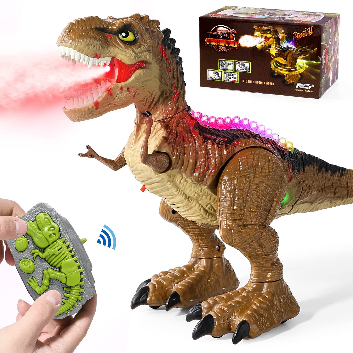 BAZOVE 2.4GHz remote control dinosaur toy with 360° spin stunt, spraying function, roaring, and LED light, electronic T-Rex dino toy gift for boys girls 3+ years old.