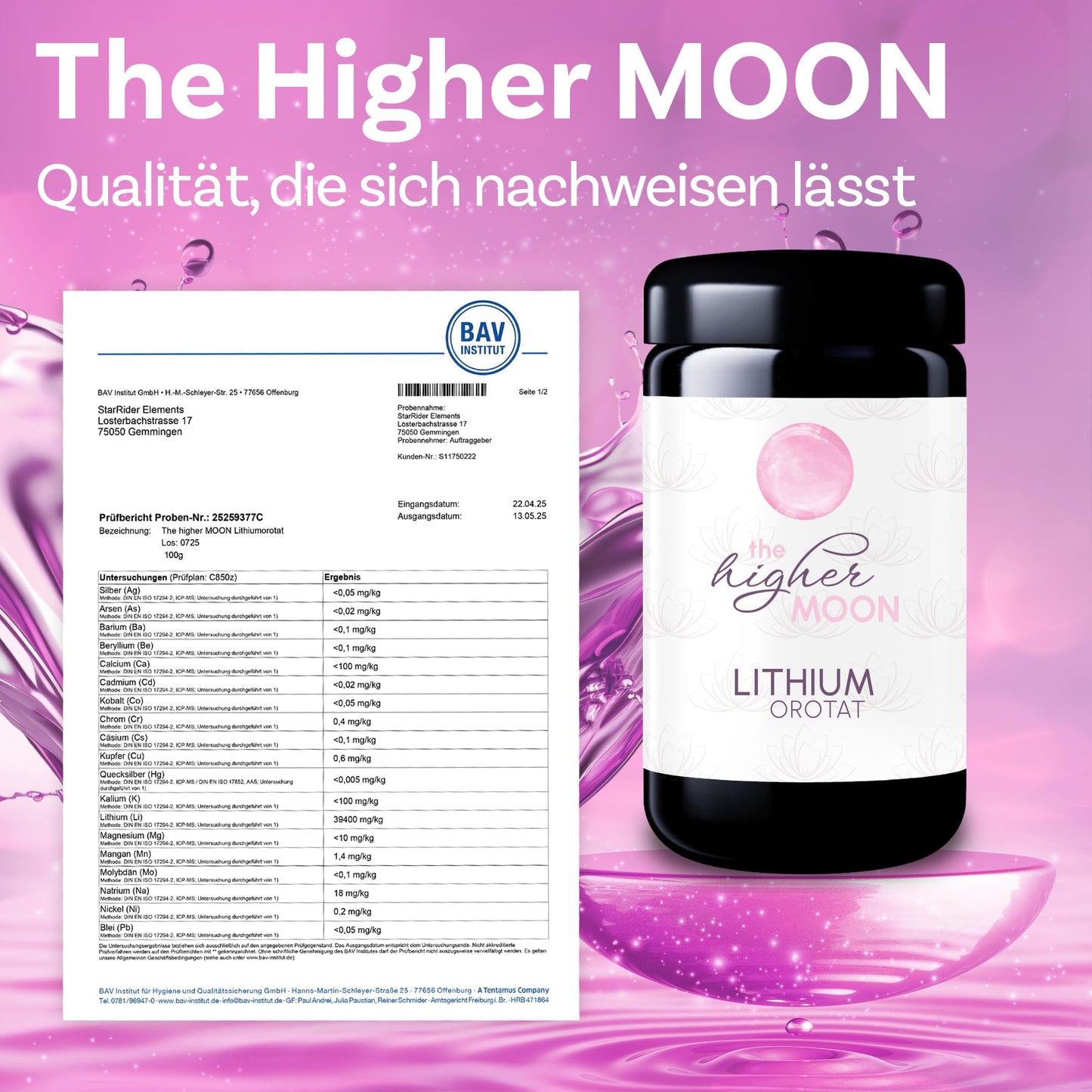 The higher MOON Lithium Powder 100g in violet glass | Li-Orotate for laboratory purposes | Highest purity 99.9% | 4% lithium content | Independently laboratory tested