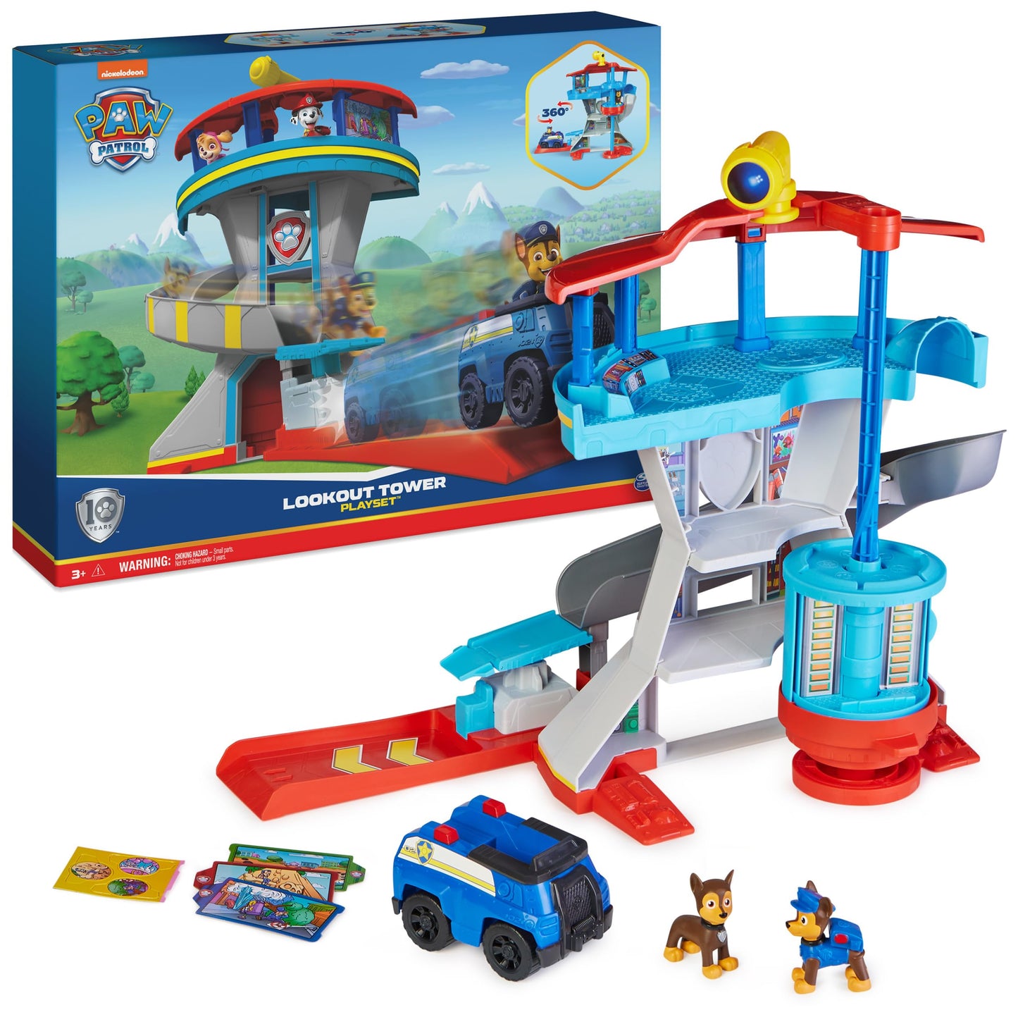 PAW Patrol Lookout Tower headquarters playset with 1 Chase vehicle base, 2 Chase figures, and accessories, suitable for children ages 3 and up.