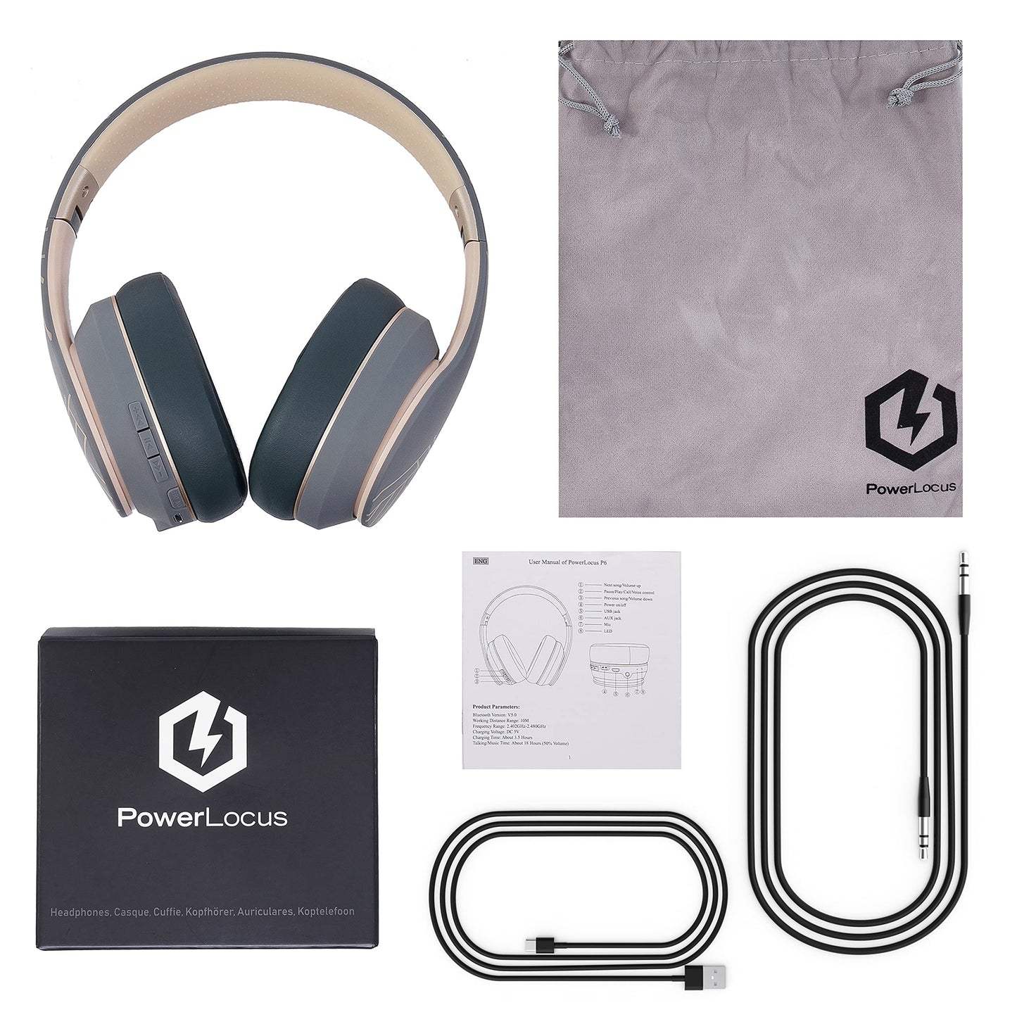 PowerLocus P6 Bluetooth Headphones Over Ear, Wireless Over Ear Headphones with Super Bass, 40Hrs Playtime, Microphone, Voice Assistant, Passive Noise Cancelling for iPhone, Samsung, iPad, PC, Laptop, TV