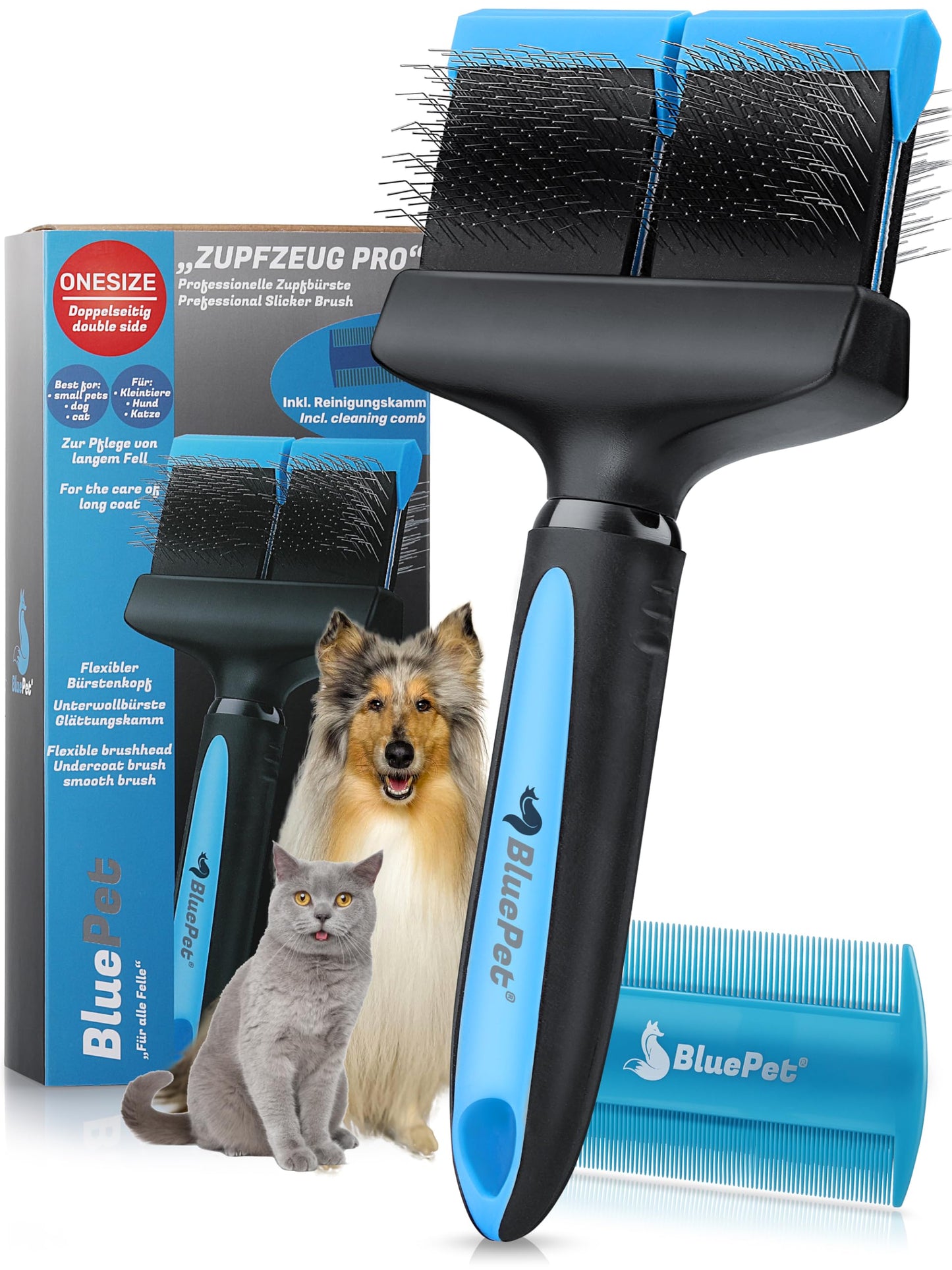 BluePet Grooming Tool Pro Professional Dog Brush Long Hair, Flexible De-shedding Brush for Dogs & Cats I Gently Removes Undercoat, Tangles & Knots (Double Head Blue)