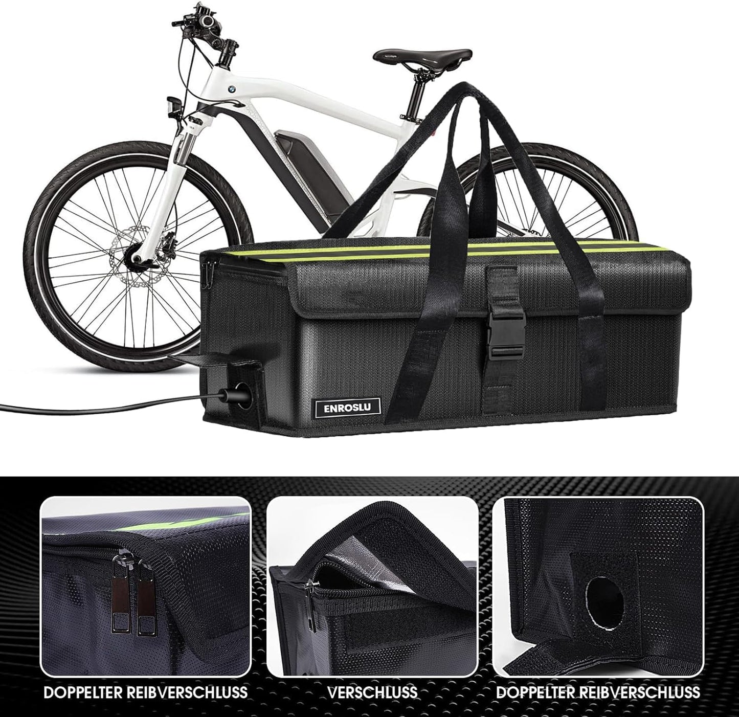 ENROSLU Ebike battery bag, 8 layers of fire protection, fire-resistant up to 2300°C, waterproof, explosion-proof, Lipo-safe bag for storage, transportation - Size M.
