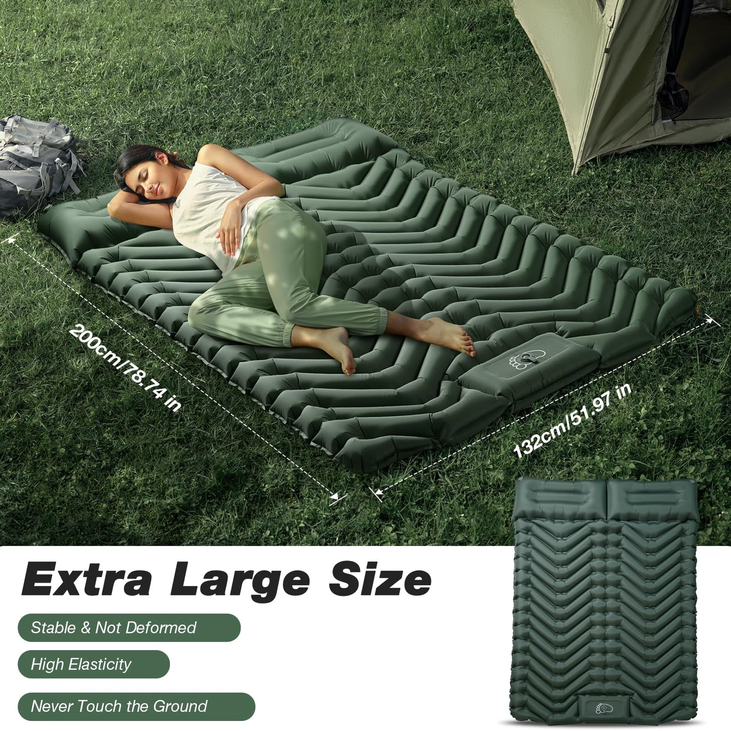 Self-inflating sleeping mat, JATEKA inflatable mat for 2 people for camping. Sleeping mat with pillow & foot pump. Compact lightweight air mattress for camping, backpacking, hiking, and travel tent.