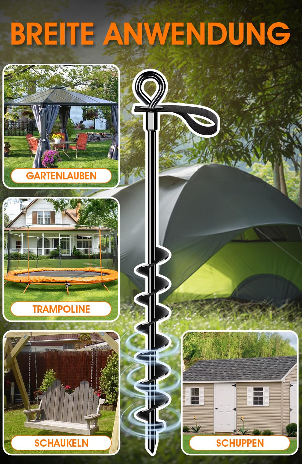 Heavy-duty ground anchor 27 inches, sturdy fully screwed earth anchor with straps for securing trampolines, awnings, swings etc.