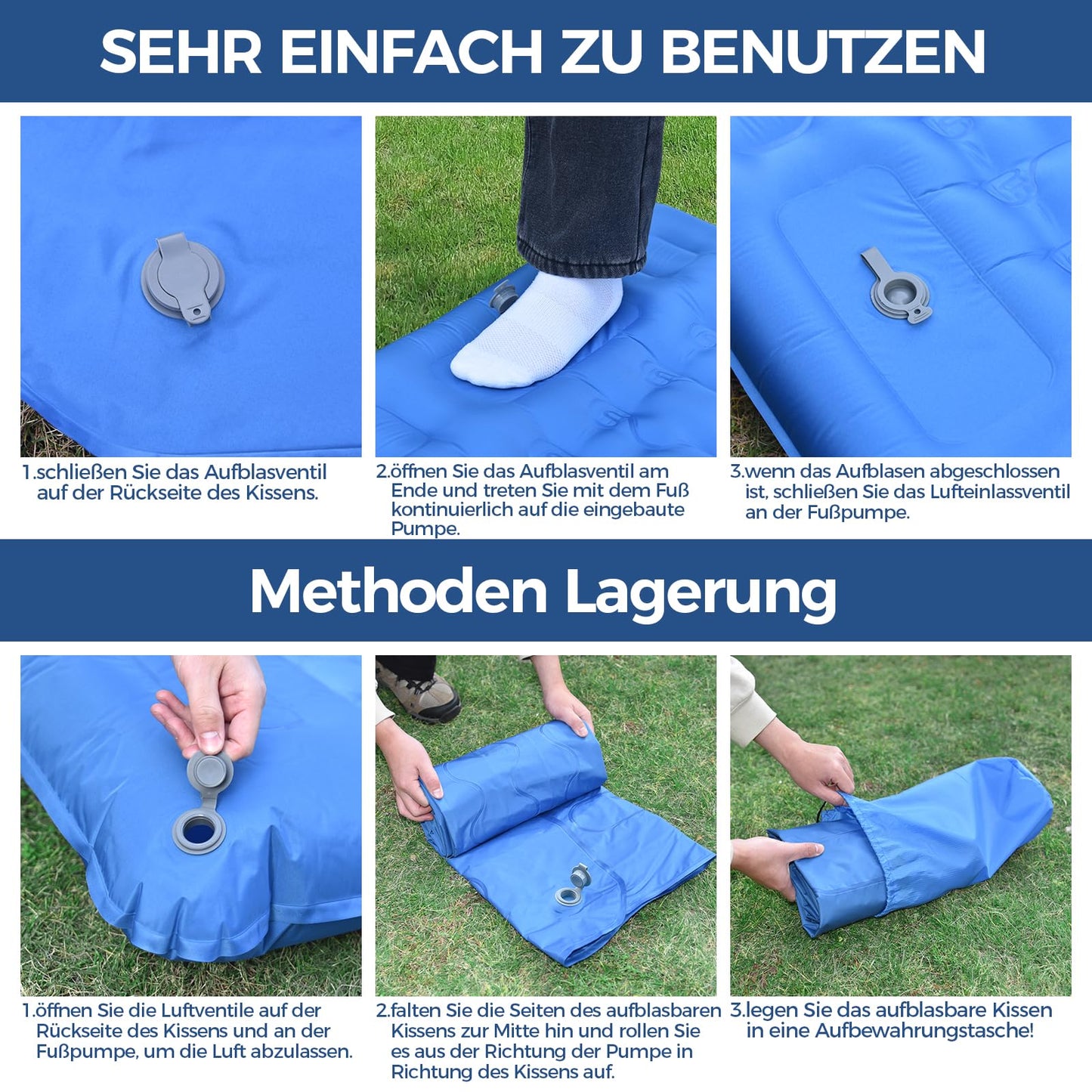 Self-inflating camping mat, 14 cm self-inflating mat with built-in foot pump & pillow, waterproof self-inflating air mattress for hiking, beach, travel, tent (blue)