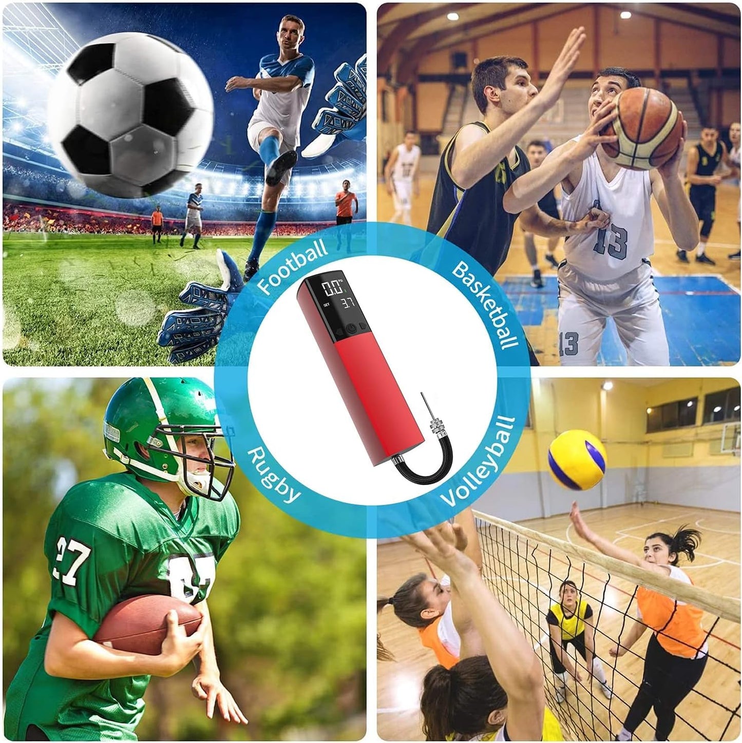 Electric ball pump, Smart air pump, Portable, Quick inflation of ball with precise gauge and digital LCD display for soccer, basketball (2 needles and 1 nozzle) Red.