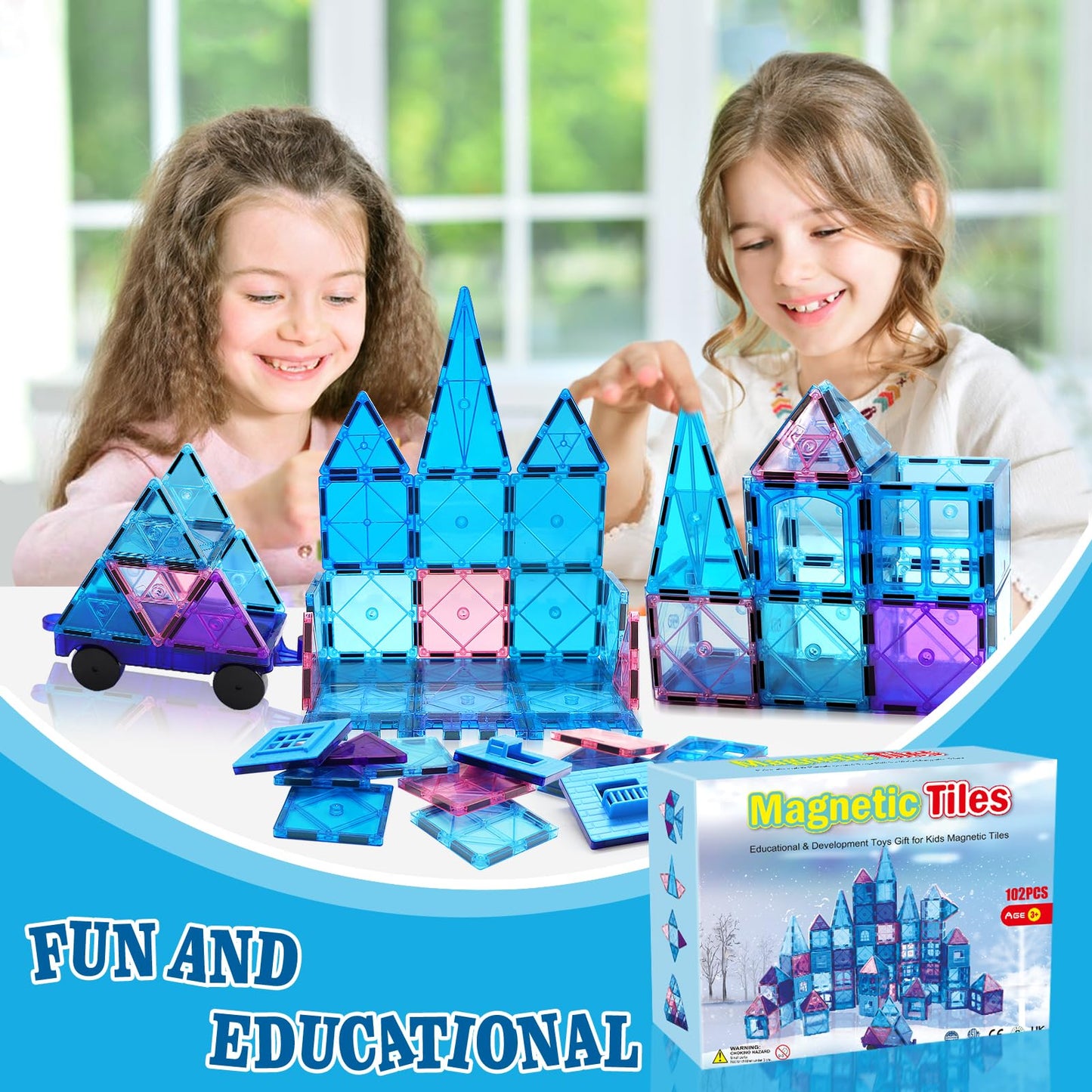 Magnetic building blocks 102 pieces Magnetic building toy for ages 3 years and up Magnets for kids Magnetic toys with Ferris wheel/2 cars Montessori children's toy for ages 3-9 years old Boy Girl Gifts