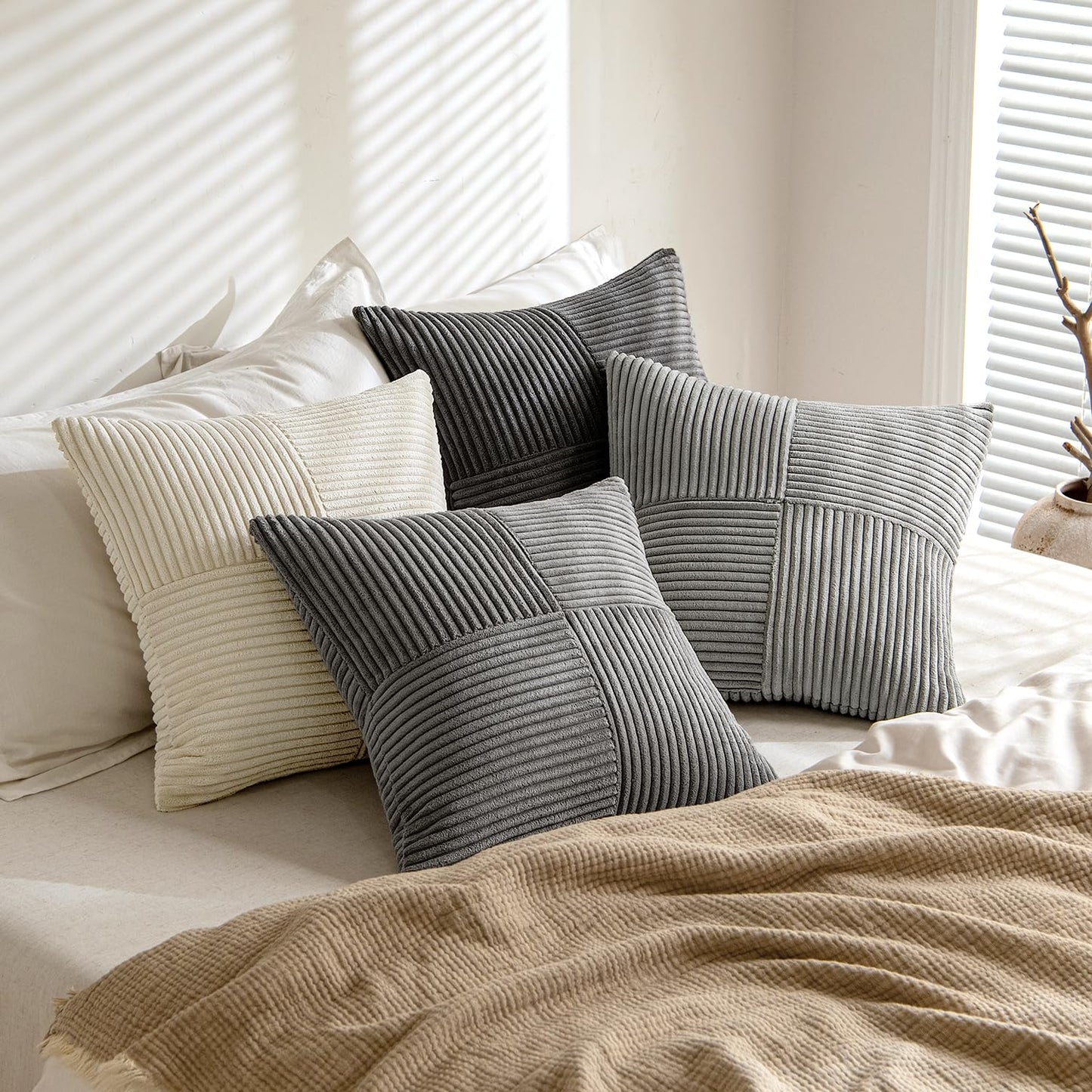 MIULEE 4-Pack Corduroy Pillow Cover Patchwork Cushion Case Soft Decorative Modern Invisible Zipper Throw Pillow Covers for Sofa Living Room Bedroom Grey Series 45x45 cm