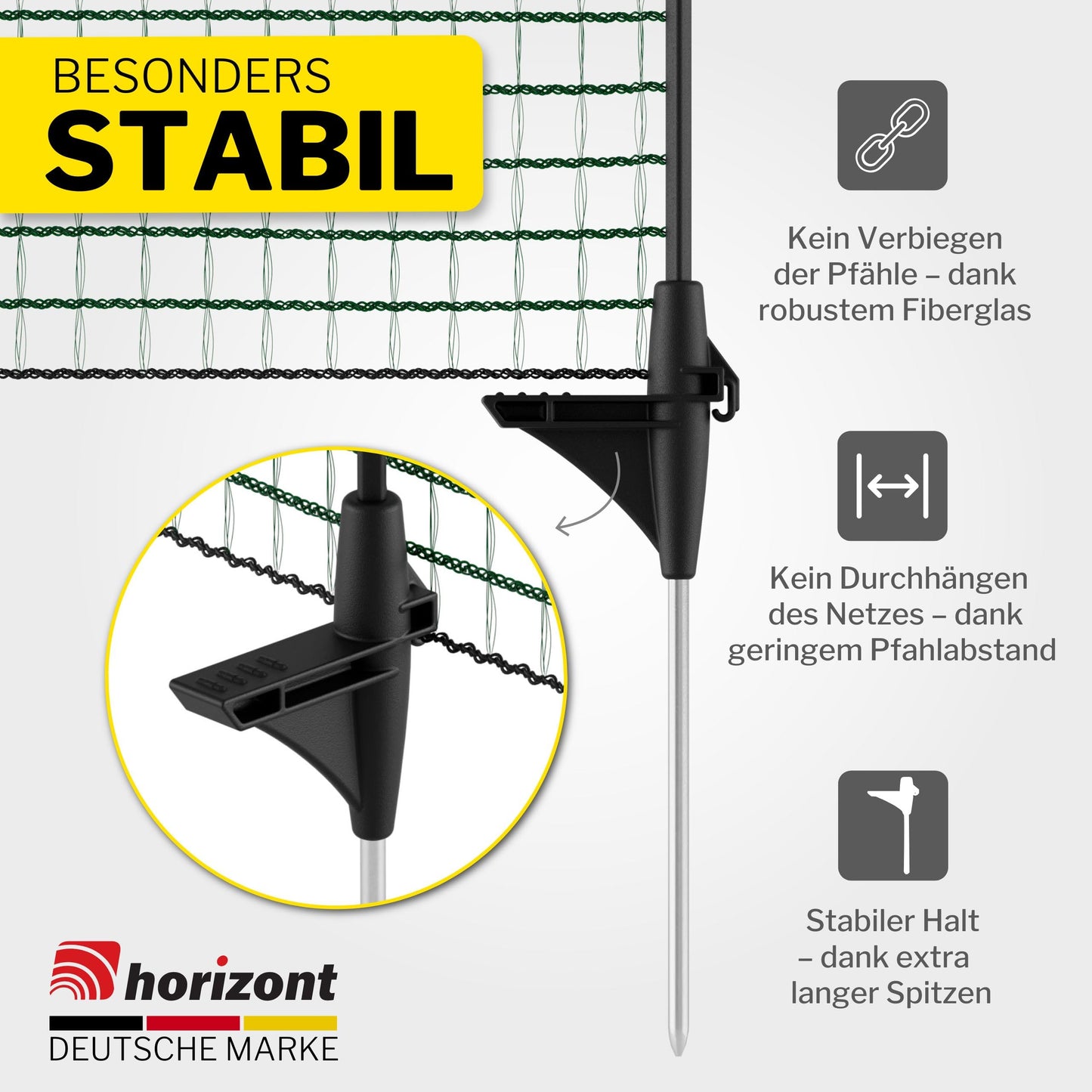 Horizontal boundary fence FIX, portable fence 25m long & 110cm high, close-meshed for garden, camping & pets, including 15 fiberglass stakes & 20 pegs, bed protection, dog fence, barrier fence, plug-in fence.