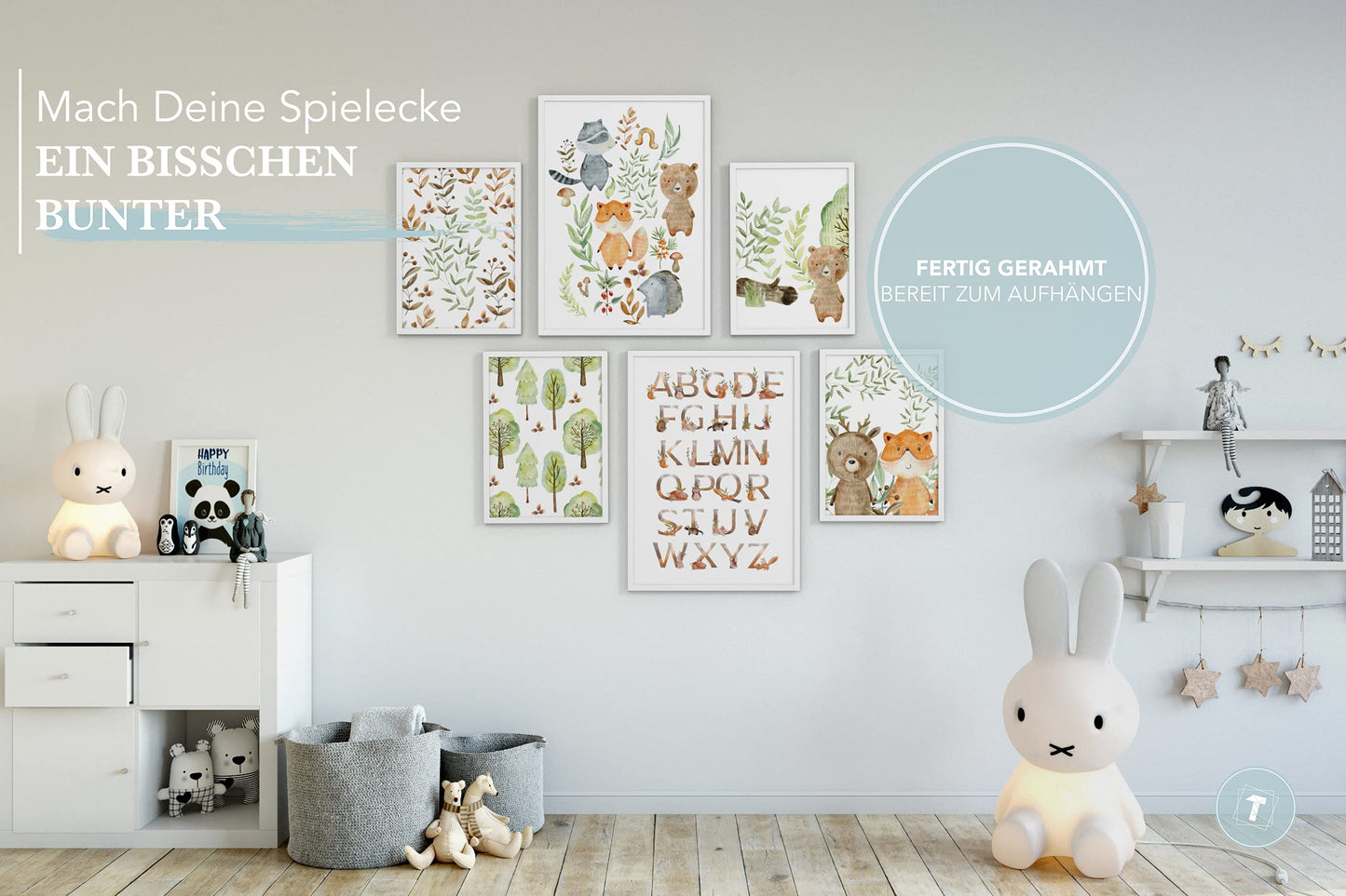 Papierschmiede® Kids Room Pictures Kids Mood Poster Set, Scout Animals, Framed pictures for children's room in white wooden frames, 2x DIN A3 and 4x DIN A4, Forest Alphabet Fox