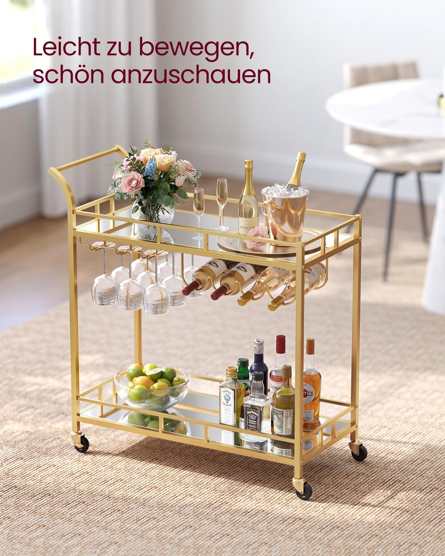 VASAGLE serving cart, rolling cart, glass holder, 2 mirrored glass shelves, bar cart, wine cart, for kitchen, dining room, bar, gold color LRC090A03