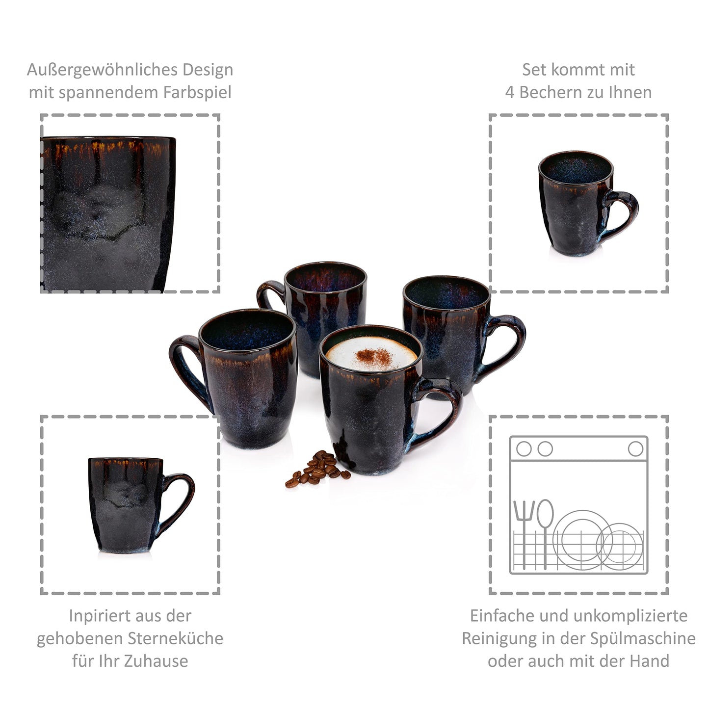Singer | Coffee cup set Tokyo 4 pcs, coffee mug set for 4 persons, stoneware cup dishwasher safe, handmade cup set, mug set blue-black with brown accents 300 ml | PREMIUM COLLECTION