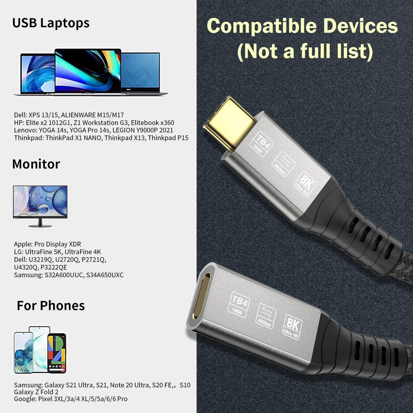Angusplay USB C Thunderbolt 4 Extension 40Gbps, USB 4 Extension Cable, 8K 60Hz Display/100W Charging Compatible with Thunderbolt 4/3, USB4/3, Type C, for Mac MacBook Pro, external SSD eGPU, 0.8m