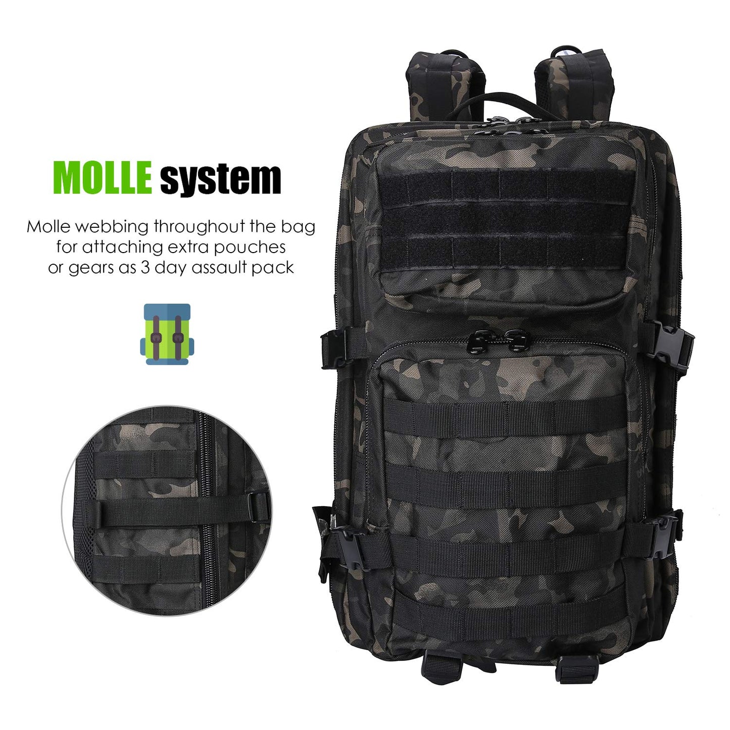 ProCase 40L Military Tactical Backpack, Large Capacity 3-Day Army Assault Pack Bag Go Bag Backpack for Hiking, Hunting, Trekking, Camping, and other Outdoor Activities - Camo Black