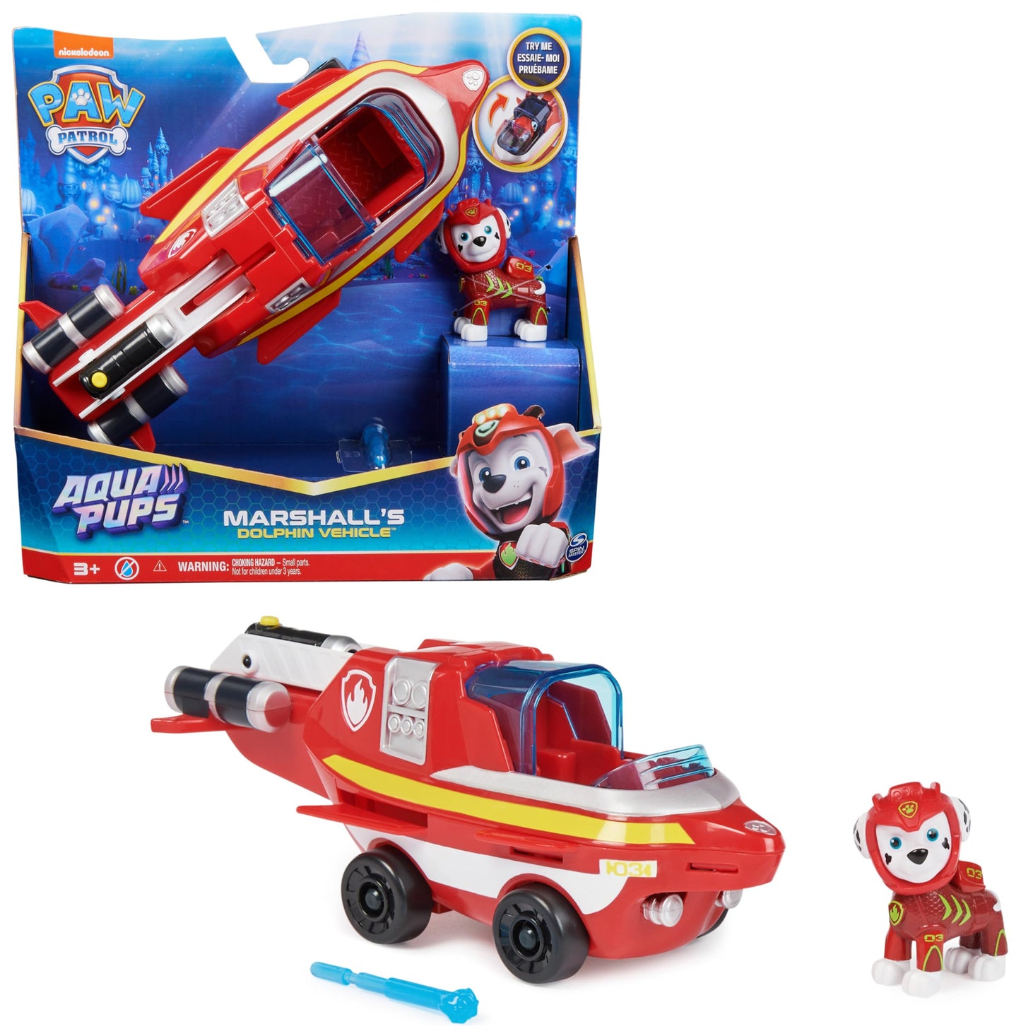 PAW Patrol, Aqua Pups - Base vehicle toy car in dolphin design with Marshall puppy figure, suitable for children aged 3 and up.