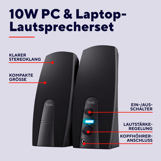 Trust Almo 2.0 PC Speaker Set 10W, 3.5mm AUX jack, Compact size, Volume control, USB-powered Stereo Computer Speakers for PC, Laptop - Black