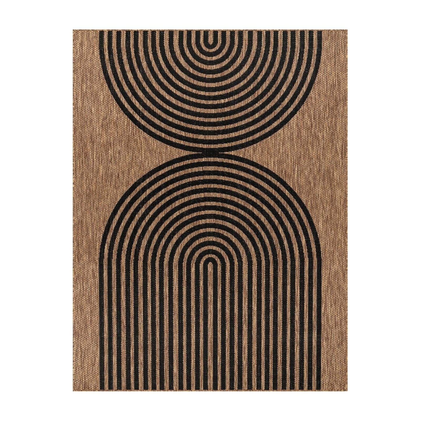 Indoor & Outdoor Rug, weather-resistant, suitable for living room, balcony, kitchen, and terrace. Flat-woven with a sisal-like pattern of boho circles in black. Size: 160x220 cm.