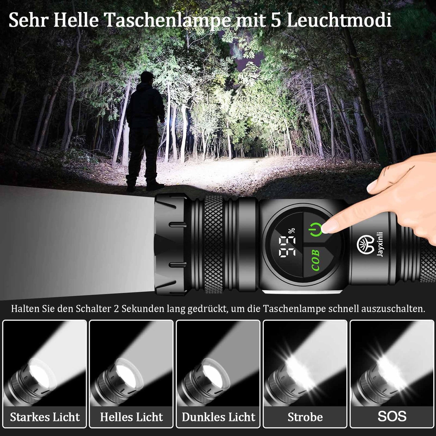 Jayxinli flashlight LED rechargeable 1000000 lumens with magnet, extremely bright flashlights with 5000mAh battery, LCD power display, 9 lighting modes, zoom, strong for camping, hiking, outdoor, emergencies.