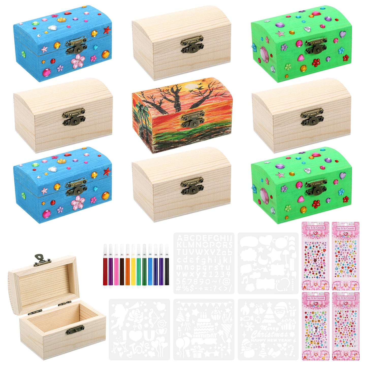Fentar 10pcs Treasure Chest Kids Birthday, Wooden Treasure Chest Crafting Set, Small Treasure Chest for Kids, Wooden Box with Lid, Treasure Chest for Painting Kids Birthday with Markers Stickers