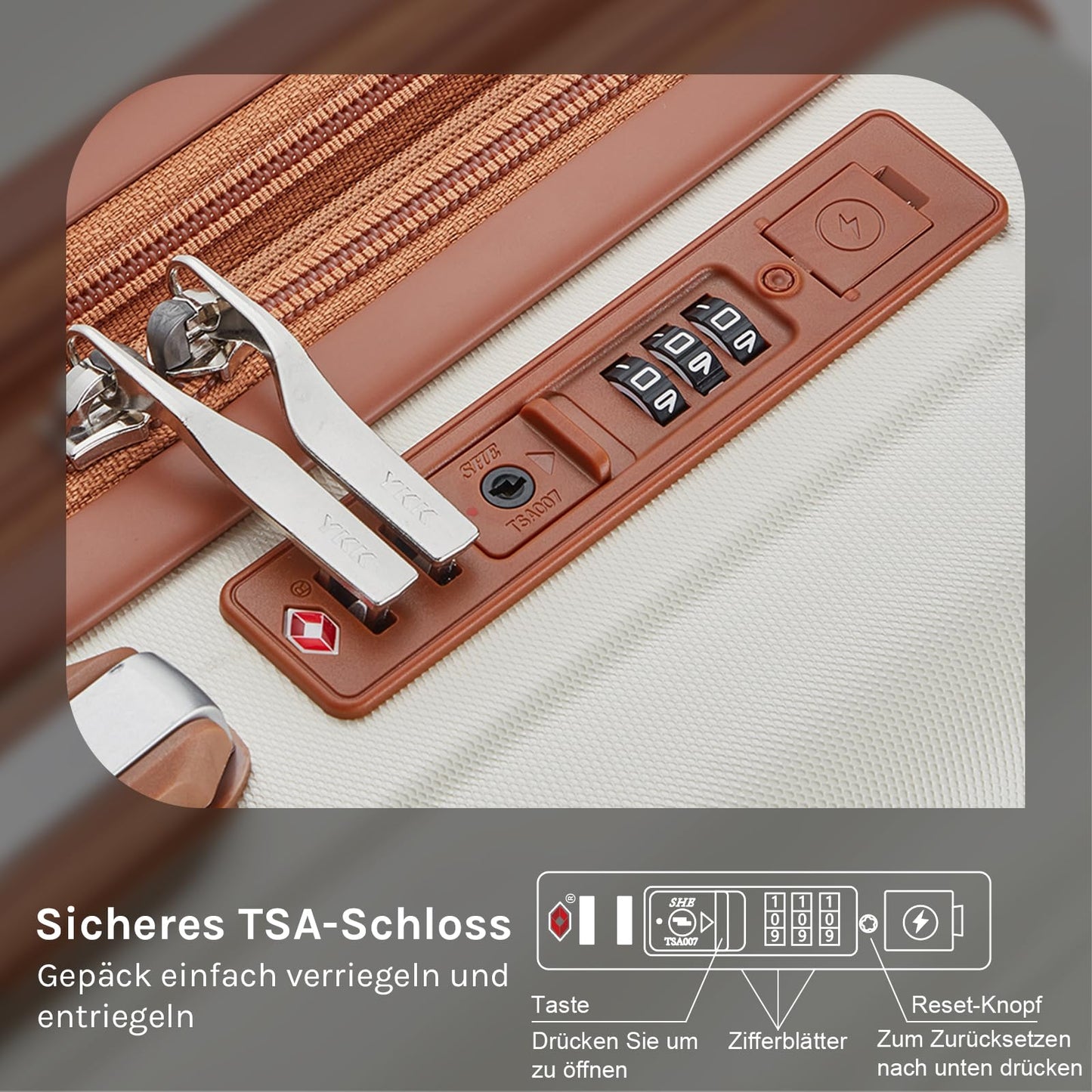 Joyway trolley suitcase, hard shell carry-on with drink holder, 4 wheels, TSA lock, white brown.