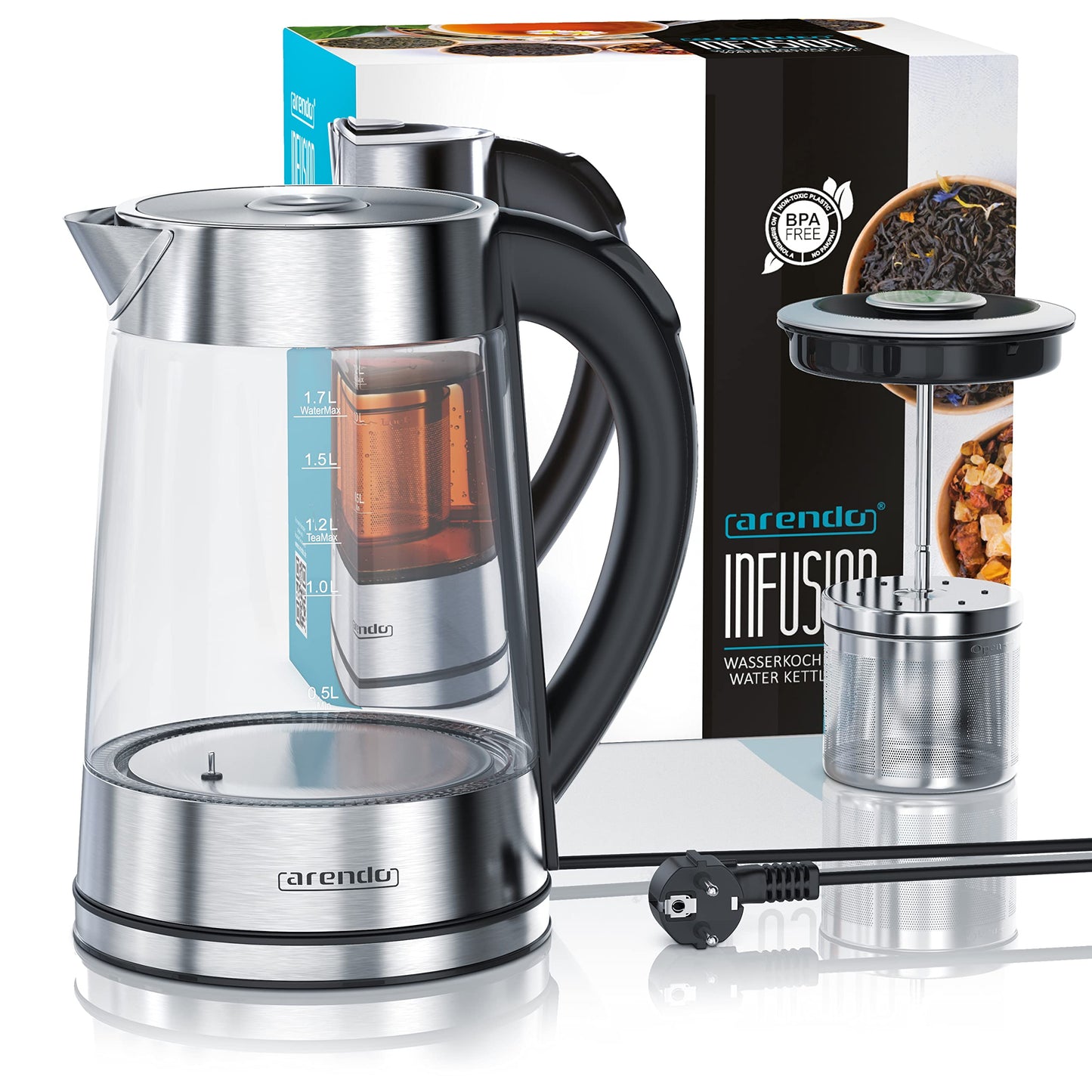 Arendo - Glass water kettle with temperature setting and tea infuser - Adjustable temperatures 40, 70, 80, 100 degrees - 1.7 liters - Auto shut-off - Keep warm function