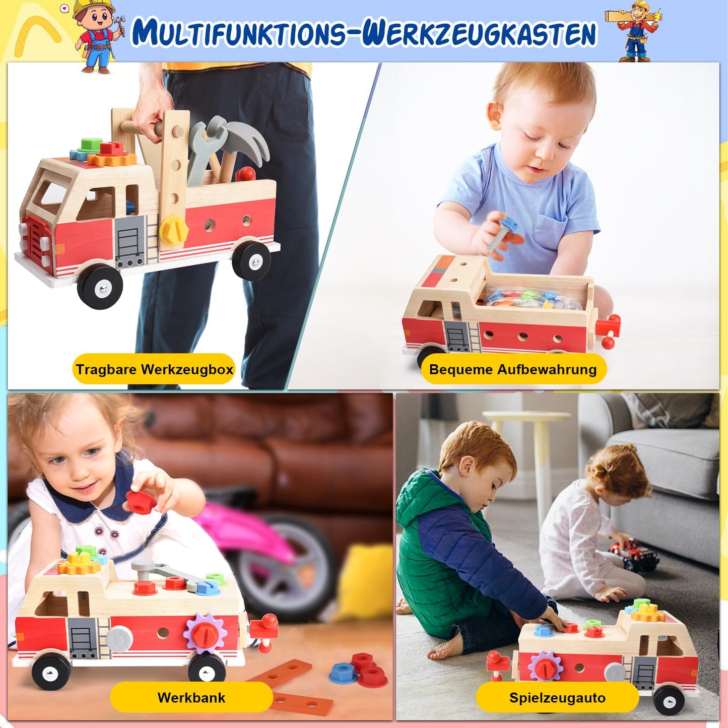 Nauotk Tool Box Children's Workbench, Montessori Wooden Tool Toys for Ages 2 3 4, Kids Tool Cart, Tool Belt Kit Learning Games Gift for Boys Girls 3+ years.