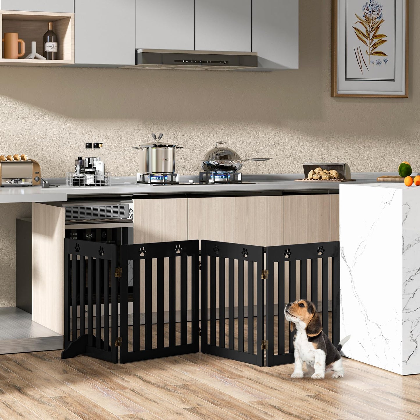 COSTWAY Dog Gate, Wooden Safety Gate, Foldable Baby Gate, 60cm High Stair Gate, Flexible Pet Gate Door Guard (4 Panels, Brown)