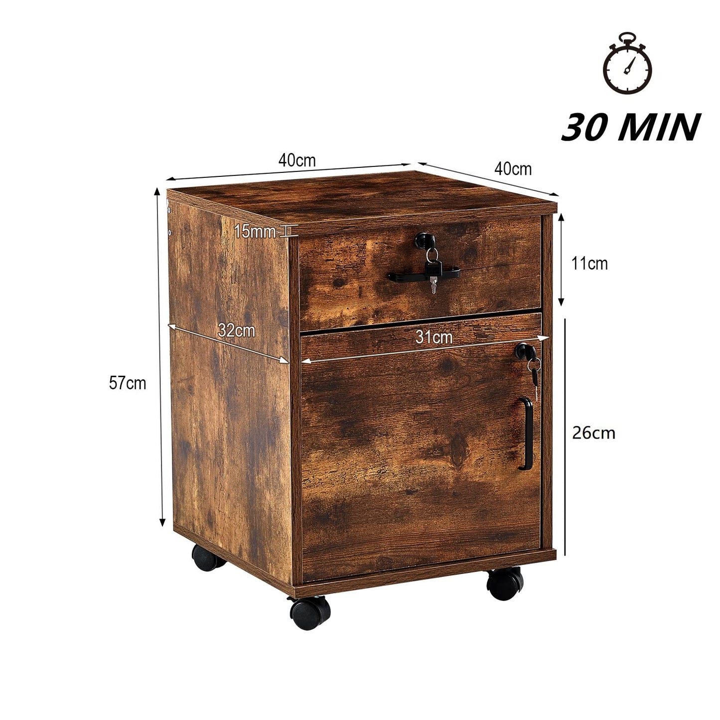 OFCASA mobile file cabinet with 1 drawer and 1 door lockable file cabinet office drawer on wheels industrial wood rolling cabinet for home office 40 x 40 x 55 cm