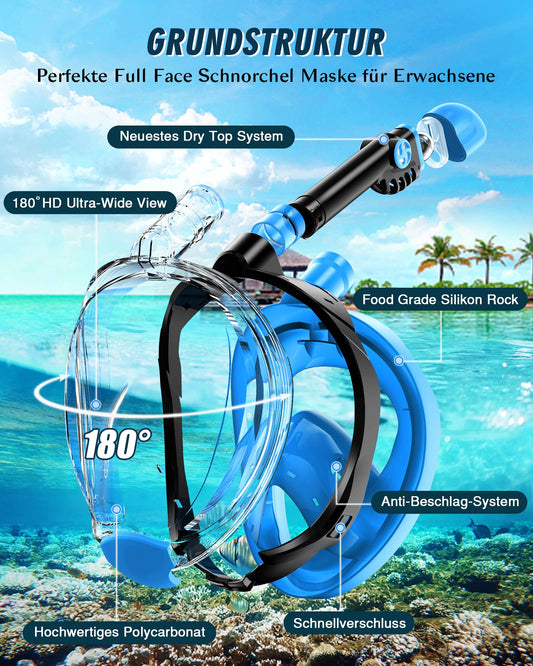X99 Full Face Snorkel Mask, 180-Degree View Anti-Fog Diving Mask with Sport Camera Compatible, Diving Goggles for Adults