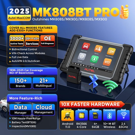 Autel MaxiCOM MK808BT PRO OBD2 diagnostic tool: 2025 full bidirectional active test, Android 11, 4G+64GB, 2.4&5G WIFI, upgrade from MK808BT MK808S MK808 MX808S, 28+ service all system, BT506 compatible.