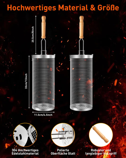 OWZ Rolling Grill Basket Set - 2 pieces of stainless steel grill basket with wooden handle - Rolling Grilling Basket - for outdoor camping grill, grilled vegetables, meat skewers, seafood, etc. (31.8 * 9.5CM)