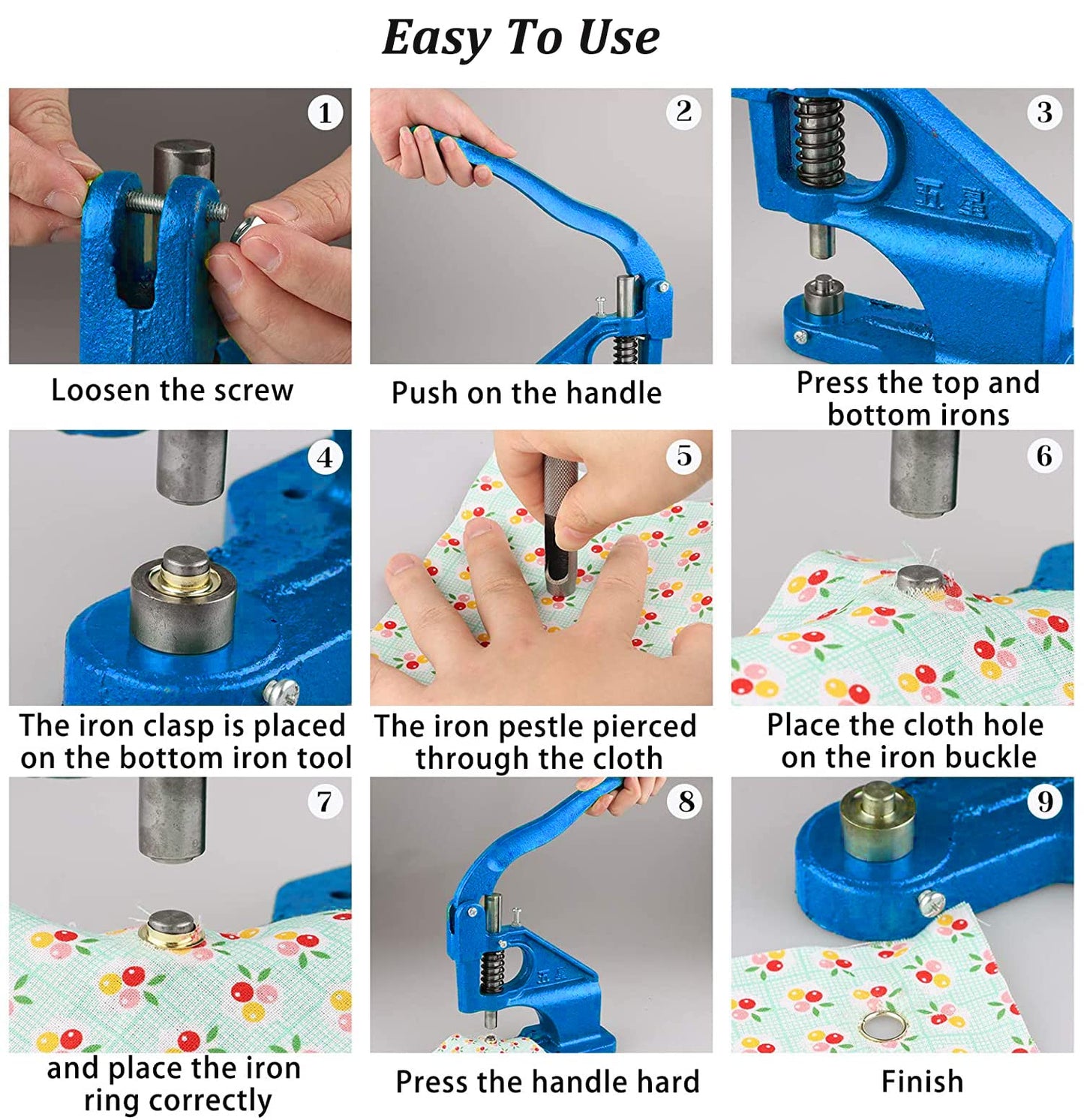 Grommet press Grommet Kit 1500 Hand press Grommet punch Rivet press, Professional grommet press set, 3 dies grommets (6/10/12mm), for tarps fabrics, rivets, textiles, DIY decoration, banners, leather, awnings, curtains.