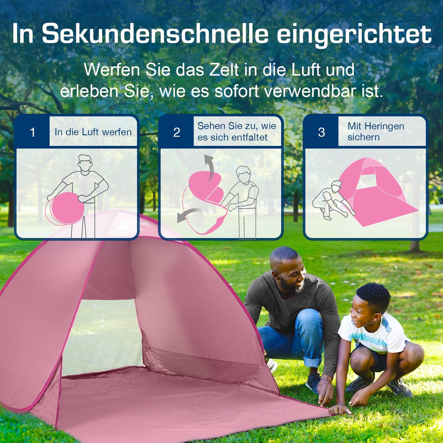 Active Era Pop Up Beach Shelter with UV Protection, UPF 50+ Beach Tent, Windbreak Shelter, Tent for 2-3 people including carrying bag and pegs - Pink