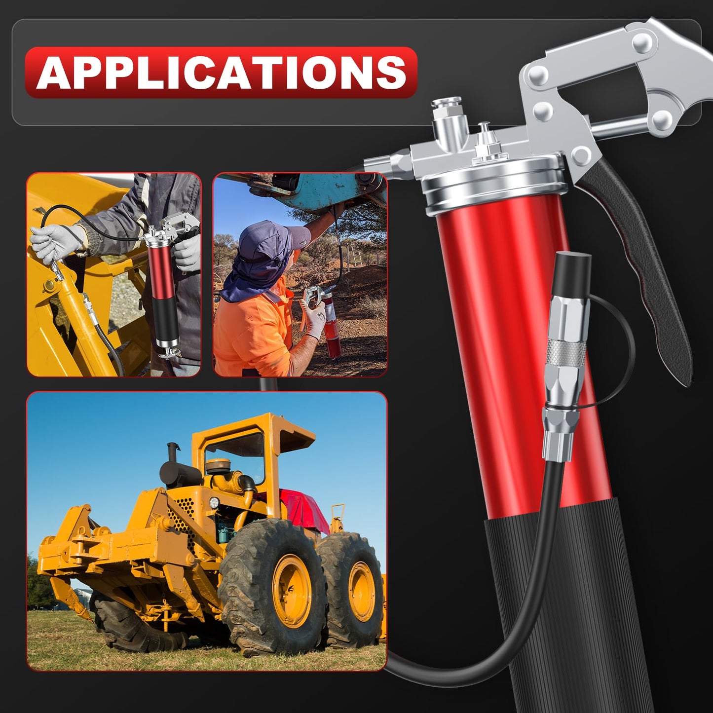 Amyzaval's grease gun for grease nipples, 8000PSI hand grip one-handed grease gun, heavy-duty barrel with grease gun nozzle, flexible hose and metal tube, grease gun for 400g cartridges, red