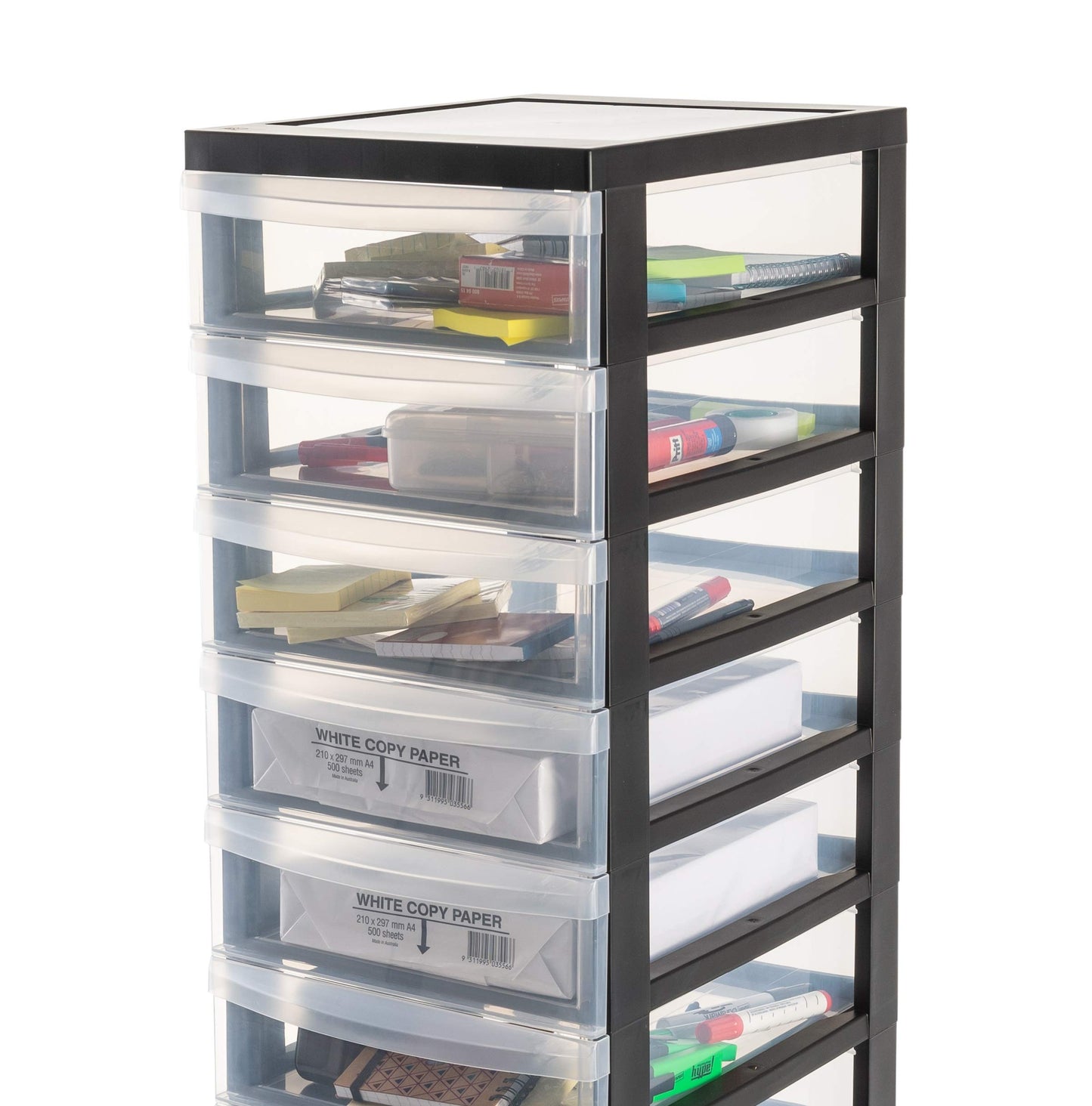 Iris Ohyama plastic drawer box with wheels, 12 flat drawers, black, pull handles, for bedroom, bathroom, school & office, BPA-free, drawer cabinet, rolling container, A4 Drawer, DC-012