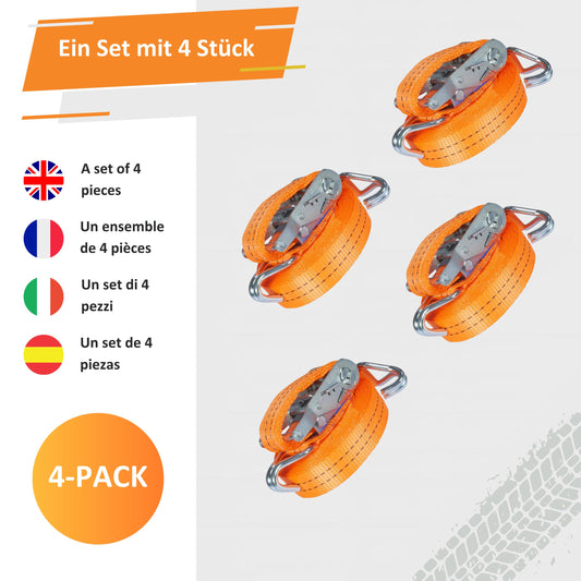 INTAKO tie-down straps with ratchet and hooks - 6m 2000kg 35mm - 4 pieces - ratchet set - ratchet strap 2-piece - lashing strap orange - TÜV GS tested and according to DIN EN 12195-2