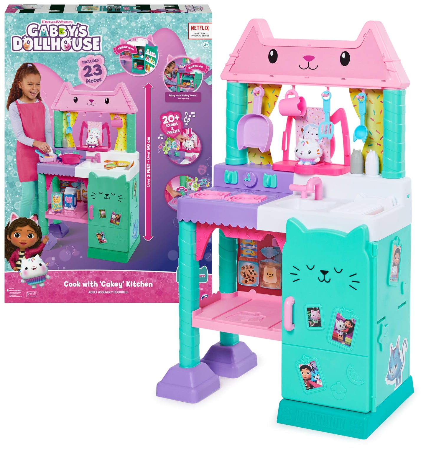 Gabby's Dollhouse, Cakey's Lifesize Kitchen, role play kitchen with sound effects, play kitchen accessories, and toy food, suitable for children aged 3 and up.