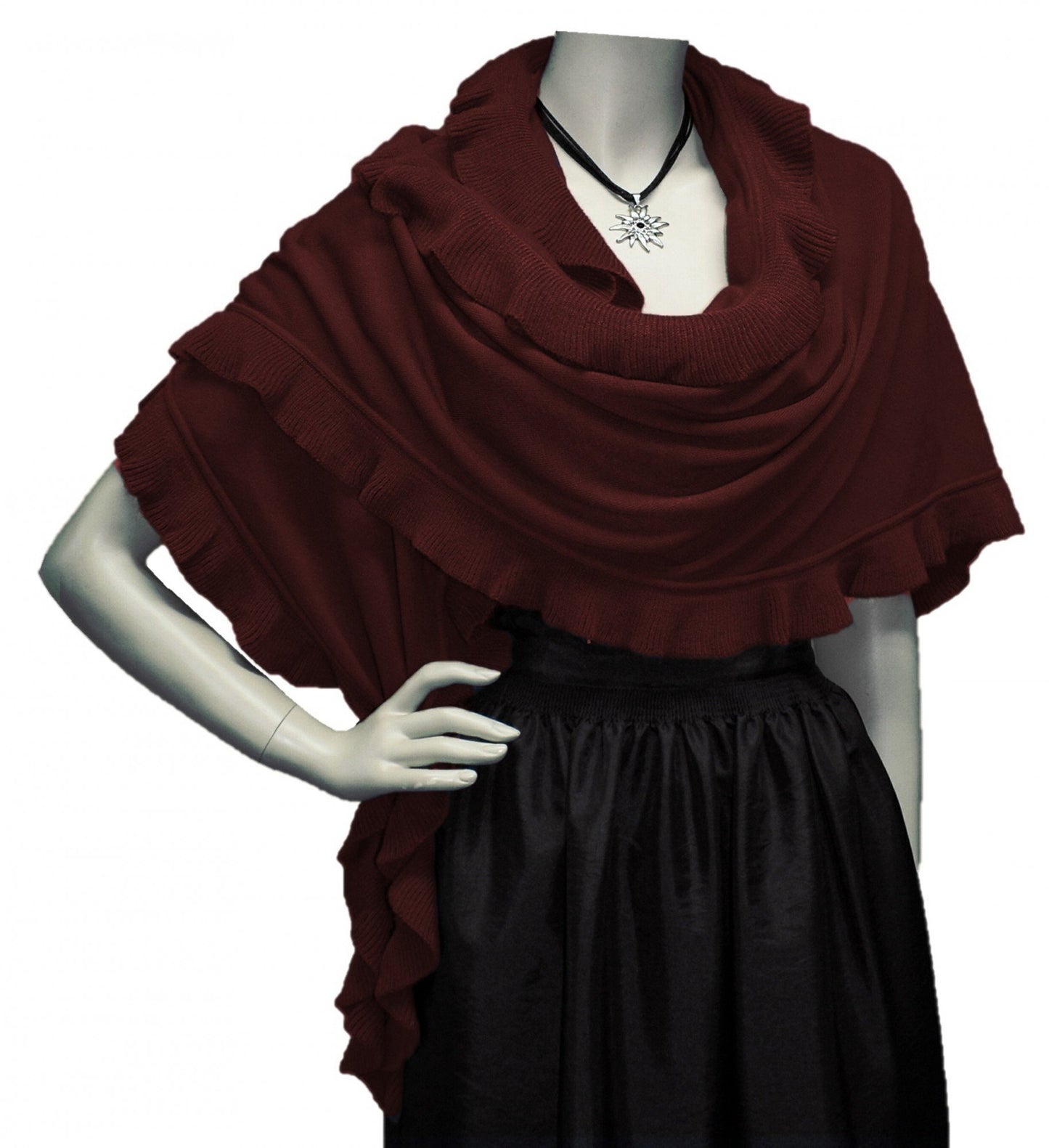 Poncho cape traditional scarf cloak shawl trachten cloth women's knitted poncho traditional knit cape knitted wrap ruffles scarf cashmink, color: dark red