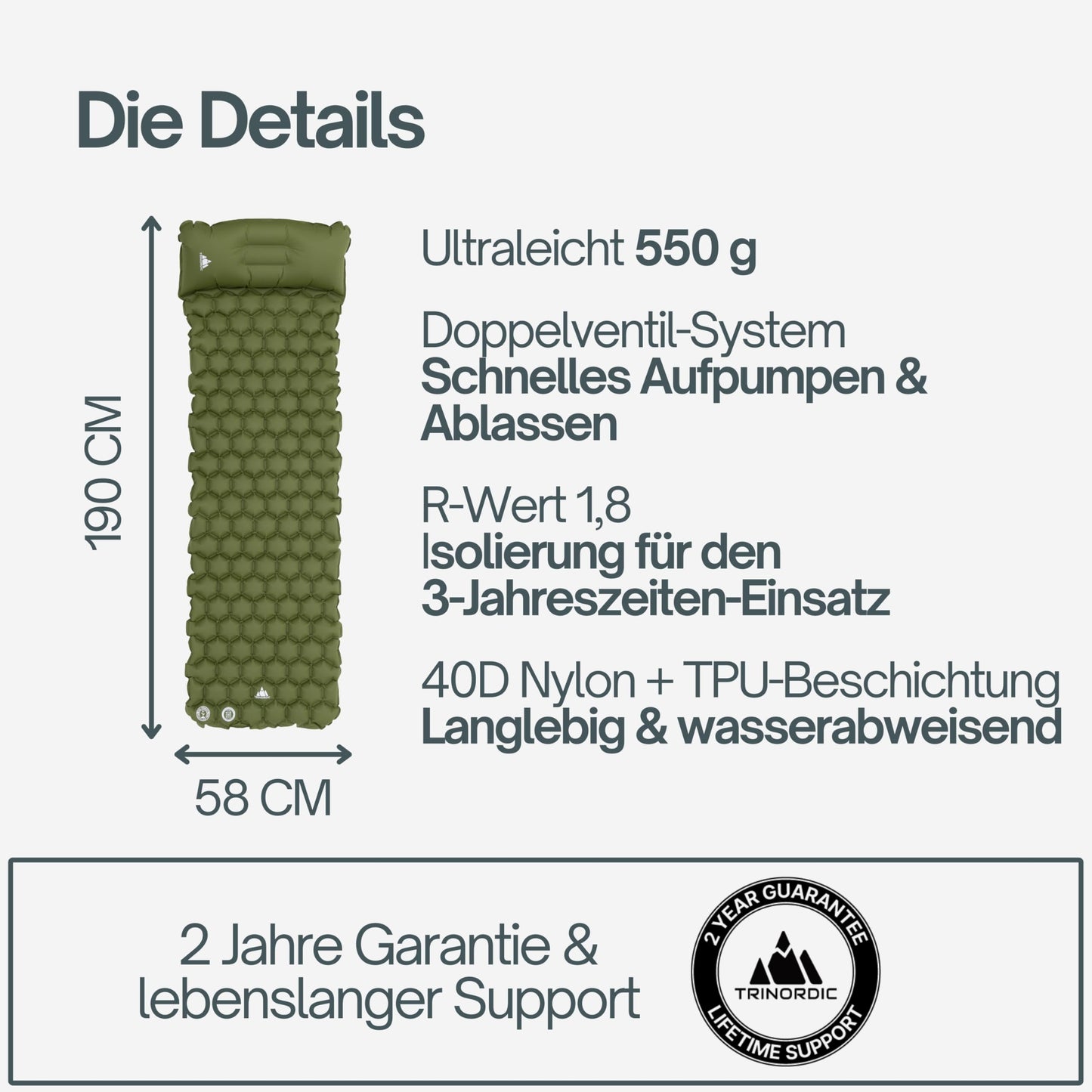 TRINORDIC 550g Ultralight Inflatable Sleeping Pad - With Inflatable Pillow - Camping Mattress with Small Pack Size for Outdoor, Camping, Hiking & Bikepacking