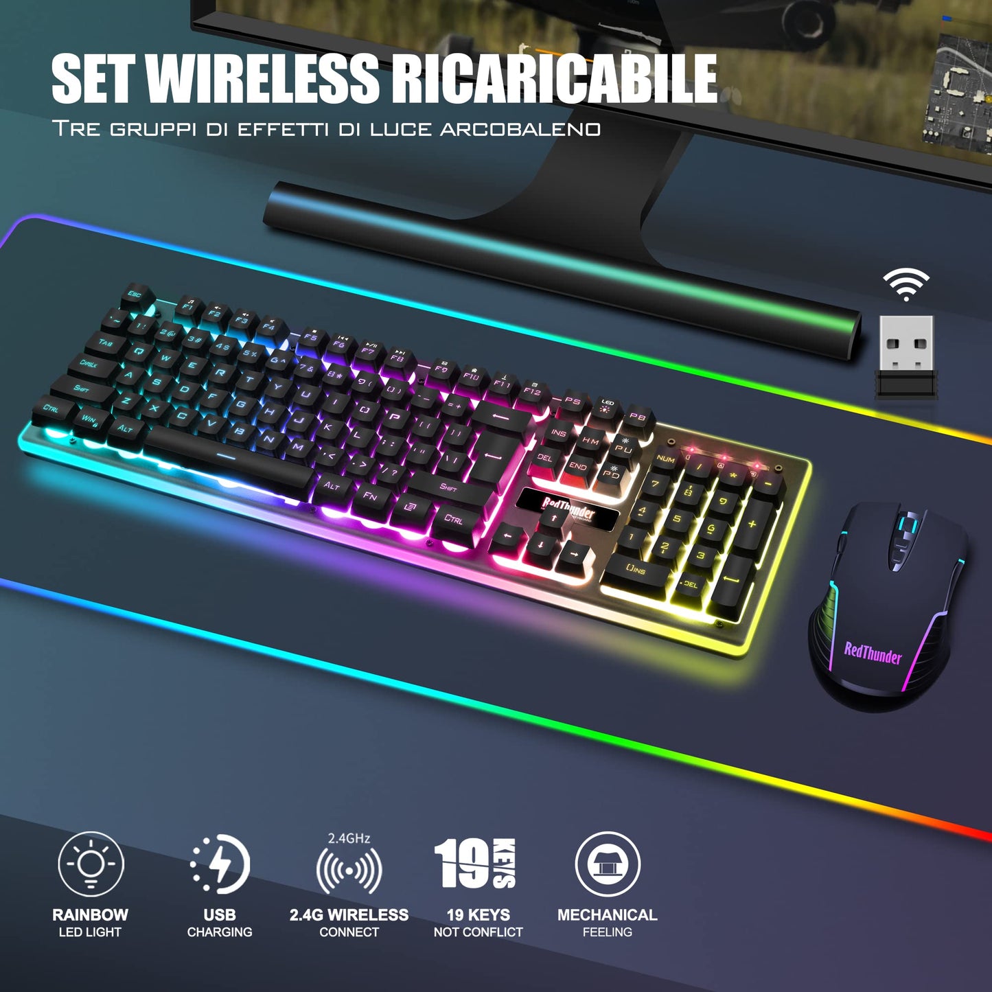 RedThunder K10 Wireless Gaming Keyboard and Mouse, LED backlighting, rechargeable 3800 mAh battery, mechanical feel, Anti-Ghosting + 7D 3200 DPI mouse, QWERTY layout, PC gamer