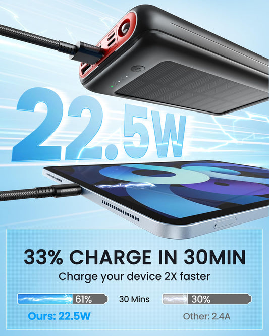 Solar Power Bank 27000mAh 22.5W PD20W fast charging, USB C portable charger for iPhone 16 15 14 13 12 camping outdoor